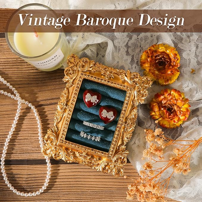 Vintage Ring Holder Rectangle Gold Velvet Display Stand - Baroque Jewelry Organizer Box Tray for Wedding Engagement Anniversary Women Birthday Christmas Gift Photograph Prop (MPF05-Gold Blue) - Image 2