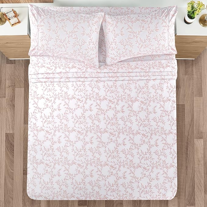 Utopia Bedding Queen Sheet Set, Soft Microfiber 4 Piece Bed Sheets with 15" Deep Pocket - Easy Care Brushed Microfiber (Vines - Coral)