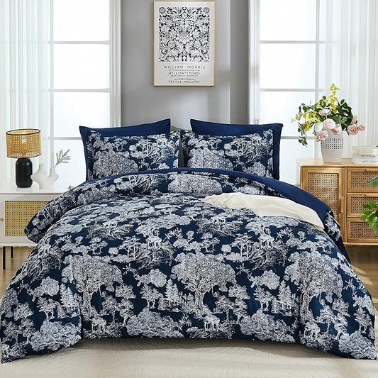 DJY King Size Comforter Sets, 7 Pieces Bed in a Bag King Dark Blue Botanical Comforter Set with Sheets, White Elegant Plants Print Soft Microfiber Reversible Complete Bedding Sets for All Season