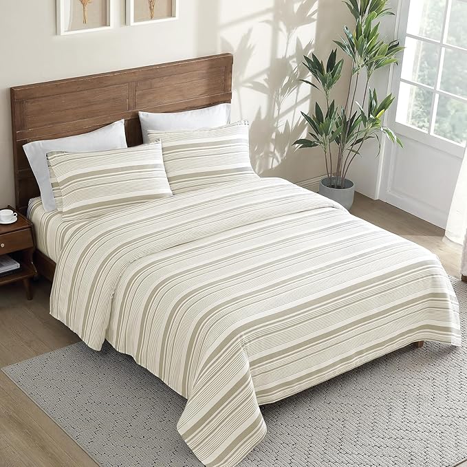 ClevaHome Classic Stripe Sheet Set - 4 Pieces Super Soft & Breathable Bed Sheet Set with Deep Pocket, Enhanced Comfort & Easy Care (King, Desert Stripe)