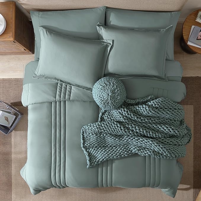 Monbix King Size Comforter Set - 7 Pieces Bed in a Bag King, Sage Green Bedding Sets with Comforter, All Seasons Comforter Bed Set with Sheets, Pillowcases & Shams