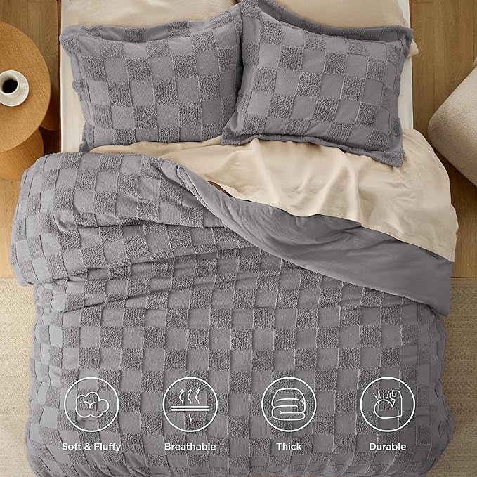 Bedsure King Size Comforter Set Grey, Boho Tufted Bed Set, Checkered Farmhouse Shabby Chic Bedding, 3 Pieces, 1 Plaid Geometric Comforter and 2 Pillow Shams