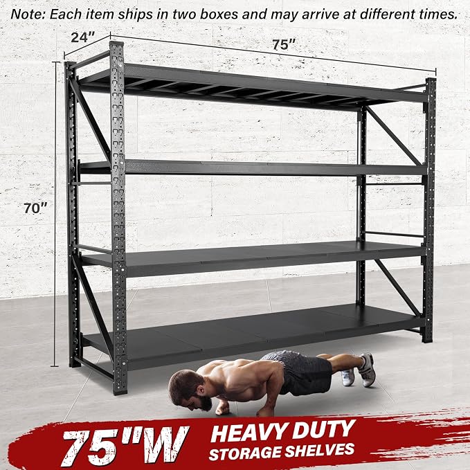 9000LBS Heavy Duty Garage Shelving Units,75" Wide & Deep Storage Shelves,Metal Garage Shelves,Large Storage Rack,Steel Shelf,Industrial Shelving for Shop,Warehouse,Basement,75" W x 24" D x 70" H - Image 2