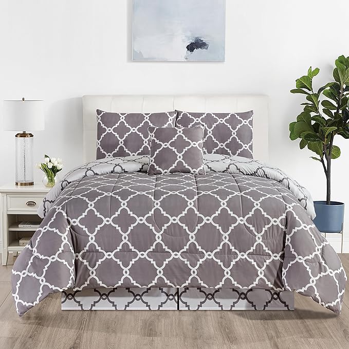 LUX Décor Reversible 5pc King Comforter Set, Printed Bedding Set, All-in-One Bed in a Bag, Includes 1 Comforter, 2 Pillow Shams, 1 Decorative Pillow & 1 Bed Skirt (Quatrefoil Grey,King)