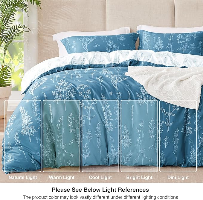 Love's cabin Mineral Blue Full Comforter Set - Full Size Comforter Set, 3 Pieces Cute Floral Bedding Sets for All Seasons,1 Soft Reversible Botanical Flowers Comforter and 2 Pillow Shams