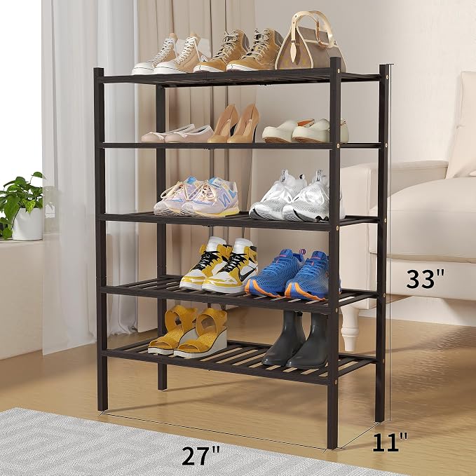 ROMGUAR CRAFT 5 Tier Bamboo Shoe Rack for Closet Free Standing Wood Shoe Shelf for Entryway Small Space Stackable 27"x11"x33" (Brown) - Image 3