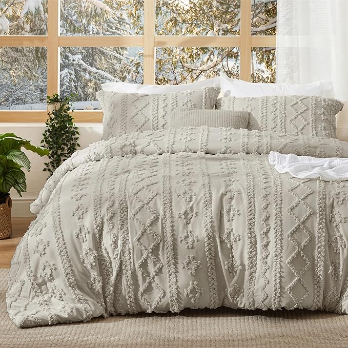 Bedsure Tufted Boho Comforter Set Oversized King - Linen Boho Bed Set, GentleSoft™ 3 Pieces Farmhouse Shabby Chic Embroidery Bedding, Gifts for Woman, Soft Jacquard Comforter for All Seasons
