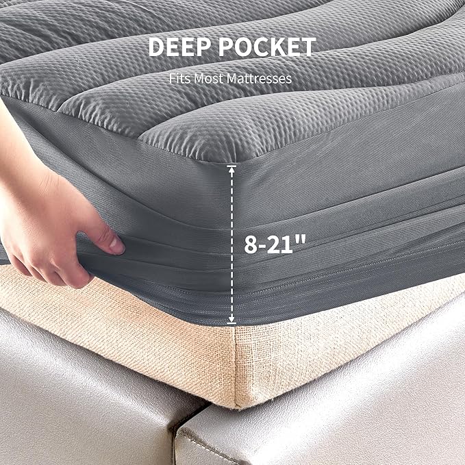 Sonive Twin Mattress Protector, Mattress Topper with 8-21" Deep Pocket, Mattress Pad with 3-Zone Support, Mattress Cover Microfiber Fitted Mattress Machine Washable Grey