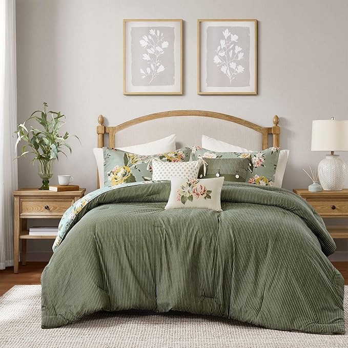 Madison Park Vintage Floral Reversible Comforters King Size Bed, All Season, Down Alternative Bedding Comforter, Bedskirt, Pillows, Shams, Salara, Cal King Green 7 Piece | Reversible
