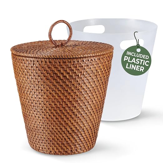 84ECO 3 Gallon Rattan Trash Can with Lid and Liner - Wicker Trash Can for Bathroom, Bedroom, Kitchen, Living Room by 84ECO