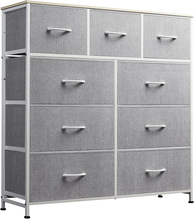 WLIVE 9-Drawer Dresser, Fabric Storage Tower for Bedroom, Hallway, Entryway, Closet, Tall Chest Organizer Unit with Fabric Bins, Steel Frame, Wood Top, Easy Pull Handle, Light Grey by WLIVE