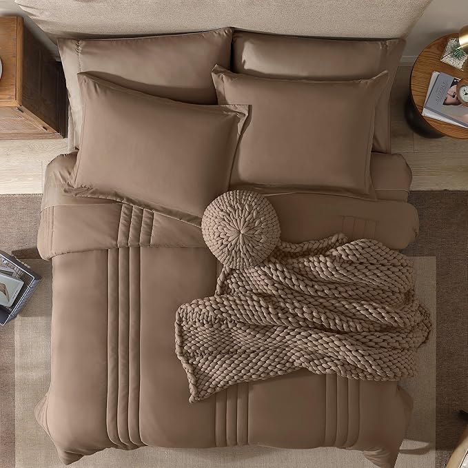 Monbix King Size Comforter Set - 7 Pieces Bed in a Bag King, Raw Umber Bedding Sets with Comforter, All Seasons Comforter Bed Set with Sheets, Pillowcases & Shams
