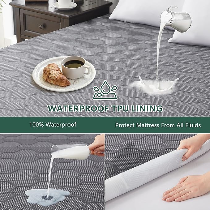 King Size Waterproof Mattress Protector, 40% Rayon Derived from Bamboo Grey Mattress Pad Cover, 3D Air Fabric Breathable Mattress Pad Fitted with Deep Pocket 6"- 15" Machine Washable