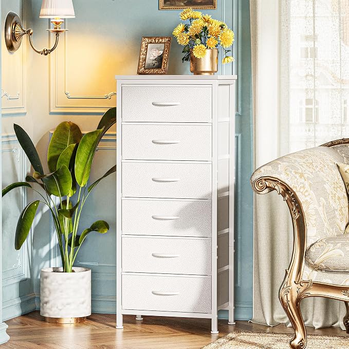 Huuger 43.3 Inch Tall Dresser for Bedroom, 6 Drawer Dresser & Chests of Drawers, Fabric Dresser for Closet, Bedroom, Night Stand, End Table with Metal Frame, Storage Tower with Fabric Bins, White - Image 6