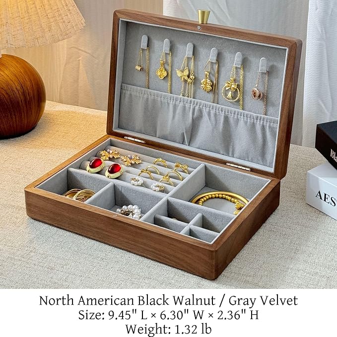 Bescott 1 Layer Solid Black Walnut Wooden Jewelry Box for Women Wood Vintage Organizer for Men Earrings Rings Necklaces Bracelet Watch Storage - Image 3