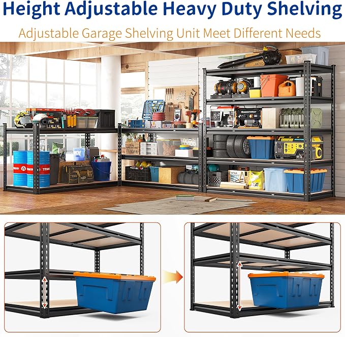 REIBII 48" W Garage Shelving Heavy Duty, 3000LBS Storage Shelves, 5-Tier Adjustable Metal Shelving, Garage Shelves Sturdy Industrial Shelf, Easy Assemble, 72" H x 48" W x 18" D - Image 7
