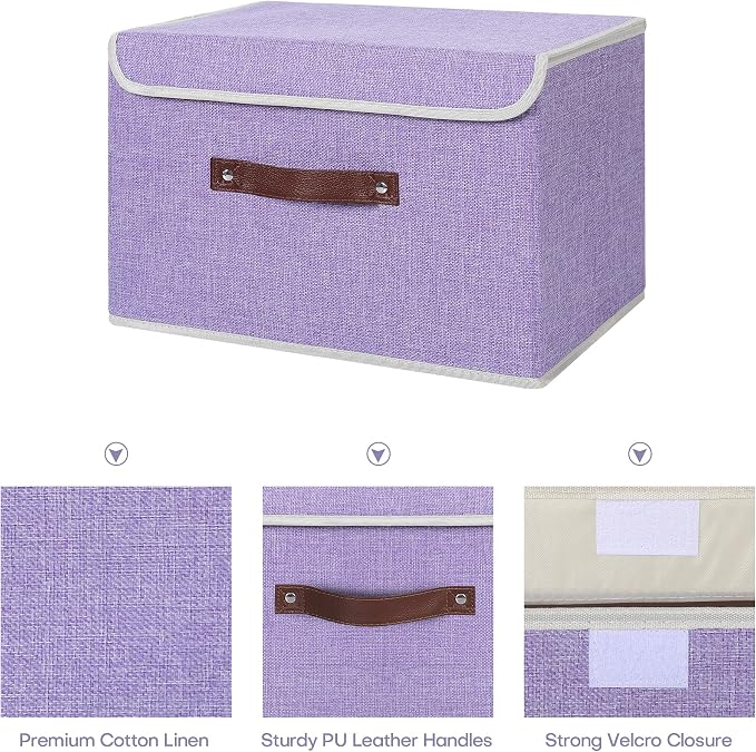 ANMINY 2PCS Storage Bin with Lid Storage Boxes with PU Leather Handles PP Plastic Board Decorative Foldable Lidded Cotton Linen Fabric Home Cubes Baskets Closet Organizer Container - Purple, Medium - Image 4