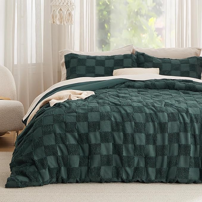 Bedsure King Size Comforter Set Emerald, Boho Tufted Bed Set, Checkered Farmhouse Shabby Chic Bedding, 3 Pieces, 1 Plaid Geometric Comforter and 2 Pillow Shams