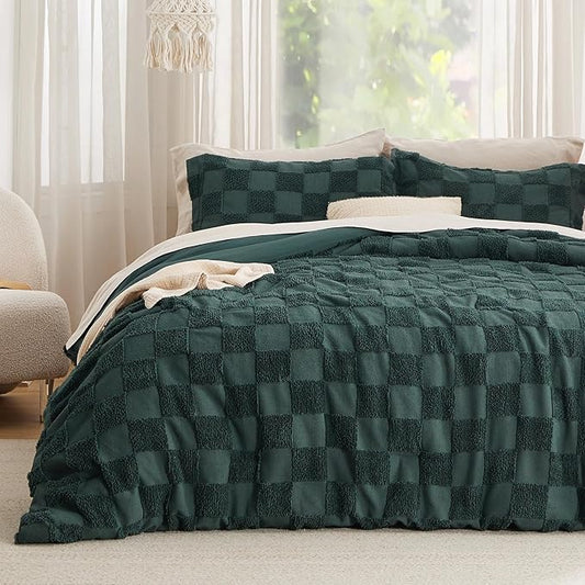 Bedsure Twin/Twin XL Comforter Set Emerald, Boho Tufted Bed Set, Checkered Farmhouse Shabby Chic Bedding, 2 Pieces, 1 Plaid Geometric Comforter and 1 Pillow Sham