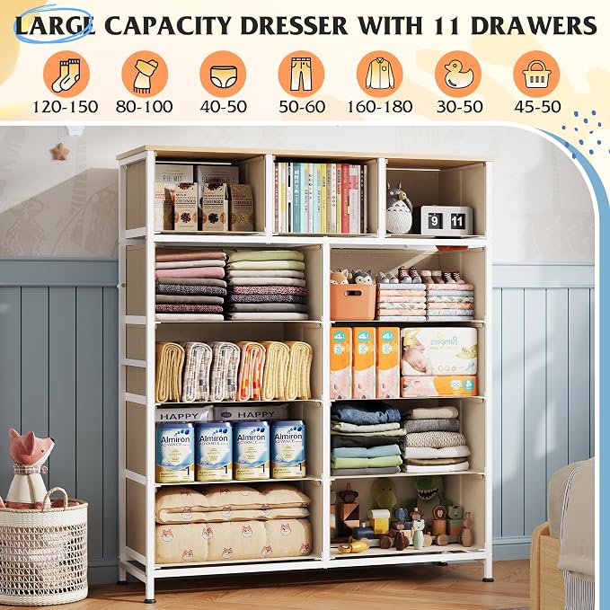 WLIVE Storage Organizer Unit with 11 Fabric Bins, Storage Drawers Organizer with Steel Frame, Tall Storage Tower Organizaton for Living Room, Hallway, Office, Cream White - Image 4