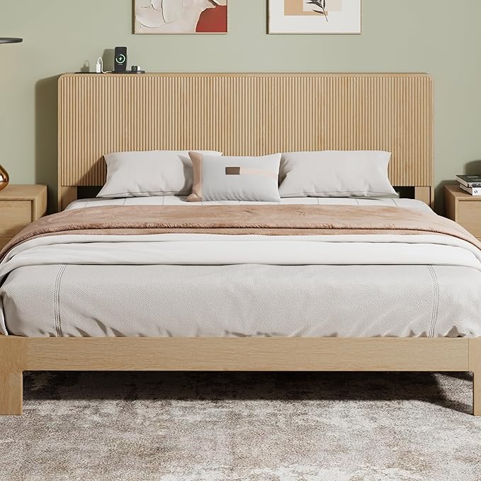 AVZEAR Fluted Headboard Queen Size, Modern Boho Queen Headboard Only, Wood Wall Mounted Headboard with 2 Outlets and USB & Type C Port, Curved Wooden Bed Headboards Bedroom Decor, Natural