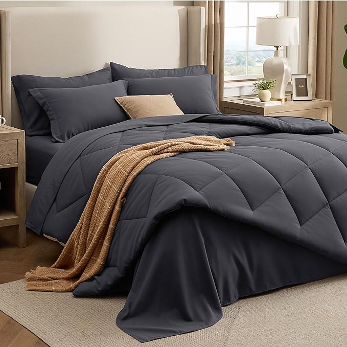 Bedsure 7 Pieces King Comforter Set Premium Series, Hotel Luxury Soft Bed in a Bag, Goose Down Alternative, Safe for Sensitive Skin Bedding Comforter All Season Medium Warmth, Dark Grey King Size