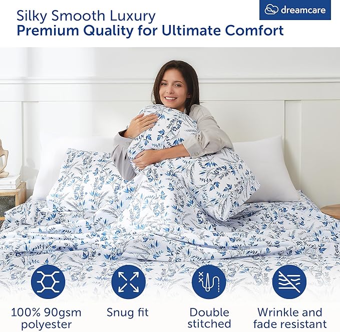 DREAMCARE Queen Size Sheets - Floral Sheets Queen Size Bed Set - 4pcs Queen Sheet Set - Cooling Bed Sheets - Queen Size Sheet Sets - Soft & Long Lasting 100% Brushed Floral Bed Set - Floral Blue