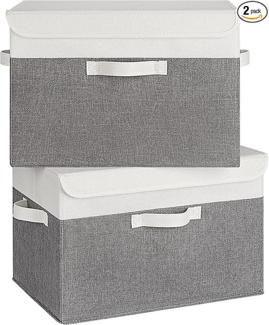 GRANNY SAYS Large Storage Bins with Lids, Collapsible Storage Box, Storage Basket for Shelves, Decorative Storage Bins, Toy Storage, Closet Organizers, White/Gray by GRANNYSAYS