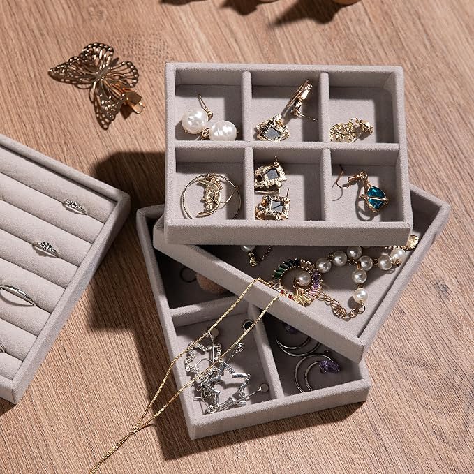 Frebeauty Small Jewelry Tray Set,Stackable Velvet Jewelry Organizer Tray,Mini Jewelry Drawer Organizer,Drawer Inserts,4.92 x 3.74 x 0.9 Inches,Earring Organizer for Women(Set 4,Beige) - Image 6