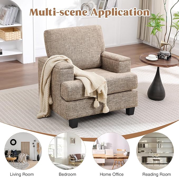 Accent Chairs Set of 2 with Armrest Storage, Modern Upholstered Reading Living Room Chairs, Comfy Large Armchairs, Fabric Single Sofa Chair for Bedroom (Yellowish Brown)