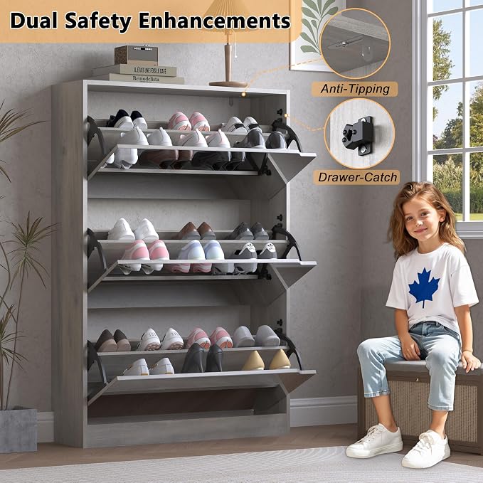 BORNOON Shoe Cabinet with 3-Flip Mirror Drawers, Freestanding Shoe Rack Organizer with Hidden Handle, Slim Narrow Shoe Storage Cabinet for Entryway, Entrance, Hallway, Bedroom - Image 6