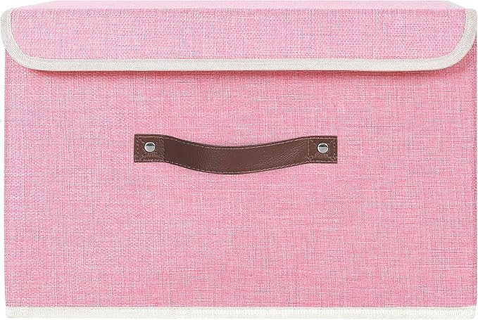ANMINY Storage Bin with Lid Storage Boxes with PU Leather Handles PP Plastic Board Decorative Foldable Lidded Cotton Linen Fabric Home Cubes Baskets Closet Organizer Container - Pink, Large Size - Image 2