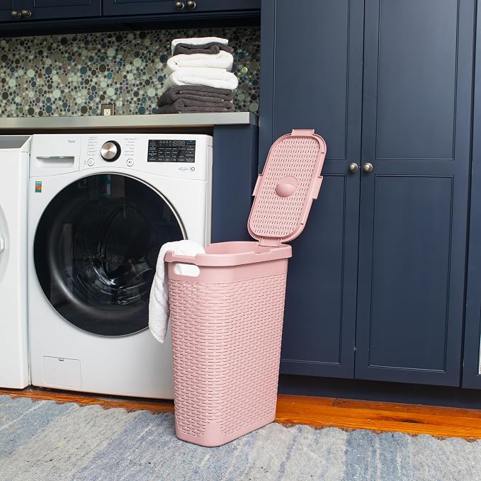 Mind Reader Slim Laundry Hamper with Lid, 40L Clothes Basket, Narrow Tapered Design with Ventilated Cutout Pattern, Plastic, Pink - Image 2