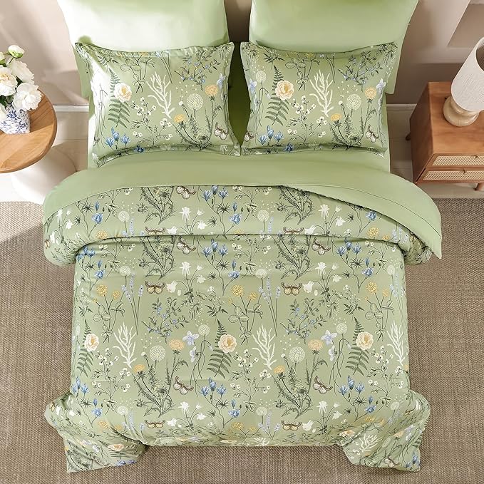 Yiran Sage Green Floral Comforter Set King Size, 7 Piece Botanical Comforter Bedding Set, Farmhouse Bed in a Bag, Soft Microfiber Complete Bedding Set with Sheets for All Season