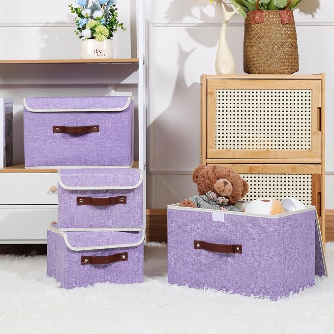 ANMINY Storage Bin with Lid Storage Boxes with PU Leather Handles PP Plastic Board Decorative Foldable Lidded Cotton Linen Fabric Home Cubes Baskets Closet Organizer Container - Purple, Medium - Image 7