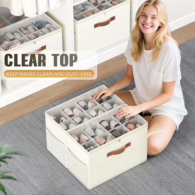 Budding Joy 2 Pack Shoe Organizer for Closet, Clear Foldable Shoe Storage Containers Adjustable Dividers Fits 16 Pairs,Shoe Storage Bins Baskets Boxes with Reinforced Handles Beige - Image 4