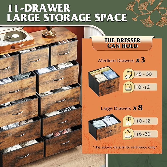WLIVE Tall Dresser for Bedroom, Fabric Dressers Storage Tower, Dresser & Chest of Drawers Organizer Unit with 11 Drawers, Storage Cabinet, Hallway, Closets, Steel Frame, Wood Top, Rustic Brown - Image 5