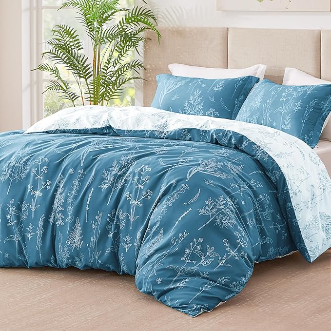 Love's cabin Mineral Blue Comforter Set Queen - Queen Size Comforter Set, 3 Pieces Cute Floral Bedding Sets for All Seasons,1 Soft Reversible Botanical Flowers Comforter and 2 Pillow Shams