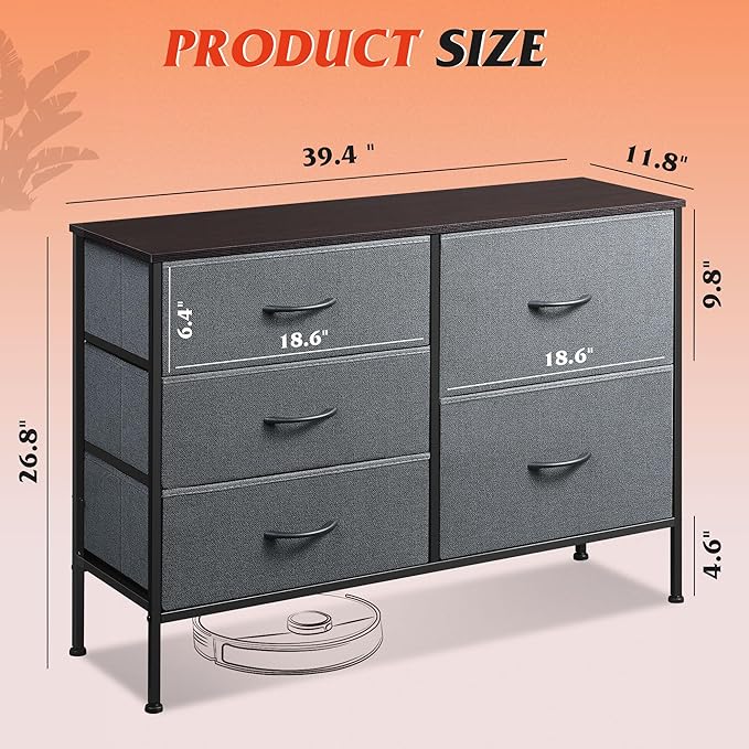 WLIVE Dresser for Bedroom with 5 Drawers, Wide Storage Dresser with Drawer Organizers, Chest of Drawers, Fabric Dressers for Living Room, Closet, Hallway, Dark Grey