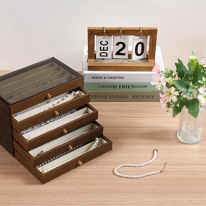 CLUQMEIK 5 Layer Necklace Jewelry Box, Vintage Wooden Jewelry Box with Acrylic Cover Stackable Necklace Storage Organizer for Women and Girls to Storing Necklaces - Image 8