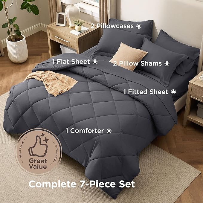 Bedsure 7 Pieces King Comforter Set Premium Series, Hotel Luxury Soft Bed in a Bag, Goose Down Alternative, Safe for Sensitive Skin Bedding Comforter All Season Medium Warmth, Dark Grey King Size