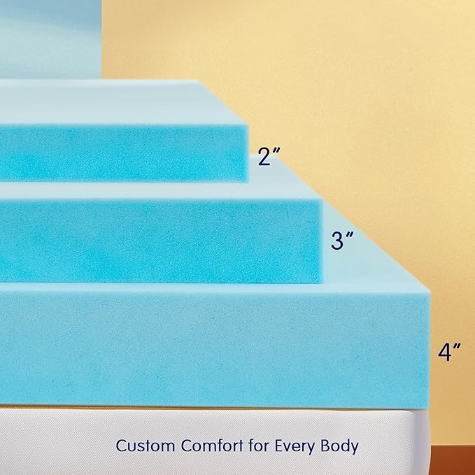 Subrtex 4 Inch Memory Foam Mattress Topper, Queen Mattress Pad, Ventilated Gel Infused Bed Foam Topper, CertiPUR-US Certified, Blue