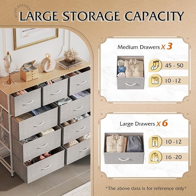 WLIVE 9-Drawer Dresser, Fabric Storage Tower for Bedroom, Hallway, Entryway, Closet, Tall Chest Organizer Unit with Fabric Bins, Steel Frame, Wood Top, Easy Pull Handle, Light Grey - Image 5