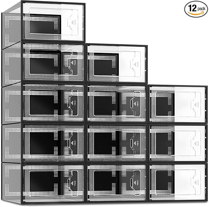 SEE SPRING 12 Pack Shoe Storage Box, Clear Plastic Stackable Shoe Organizer for Closet, Space Saving Shoe Rack for Entryway Sneaker Container Bin Holder (Black) by SEESPRING