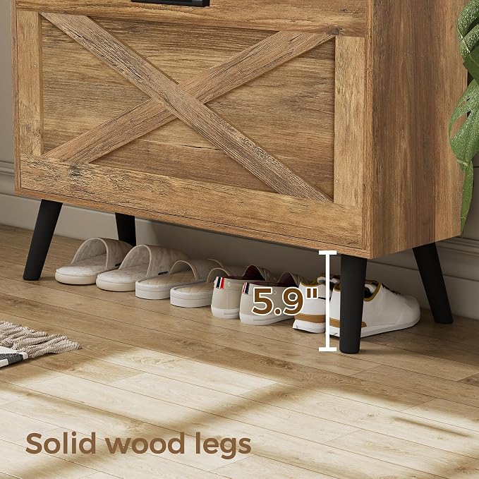 Homleke 32" W Farmhouse Shoe Storage Cabinet with 2 Flip Drawers and Barn Door Design, Adjustable Shelves, Hidden Slim Narrow Shoe Rack Cabinet for Entryway, Foyer, Hallway, Living Room, Rustic Walnut - Image 4