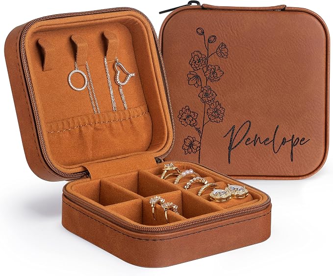 Custom Leather Jewelry Box w/Name & Birth Flower Month - Birthday Gifts for Women, Personalized Jewelry Travel Case - Customized Jewelry Organizer Box, Mom Birthday Gifts - Chestnut by PersonalizationLab