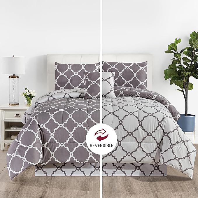 LUX Décor Reversible 5pc King Comforter Set, Printed Bedding Set, All-in-One Bed in a Bag, Includes 1 Comforter, 2 Pillow Shams, 1 Decorative Pillow & 1 Bed Skirt (Quatrefoil Grey,King)