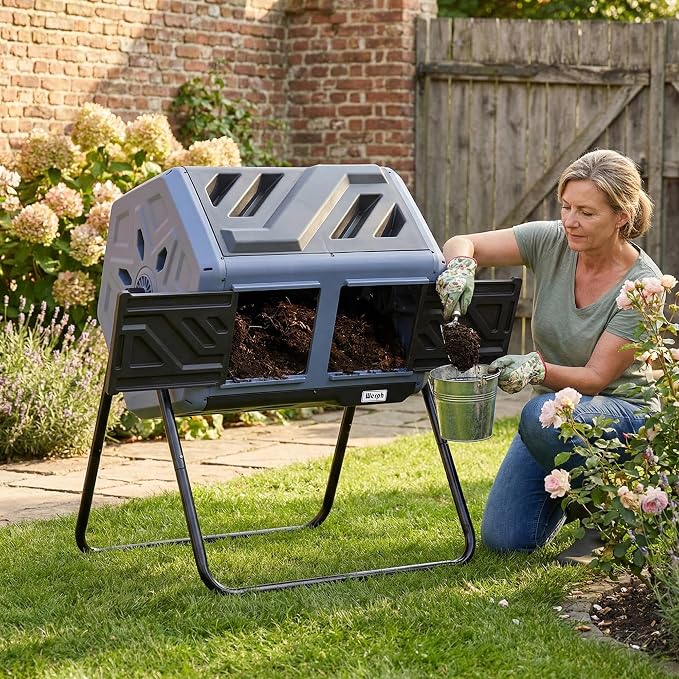 Werph Updated 43 Gallon Dual-Chamber Compost Bin, Fast Assembly Rotating Outdoor Compost Tumbler, Batch Composter with Gloves for Garden, Kitchen, and Yard Waste, Purple & Black - Image 2