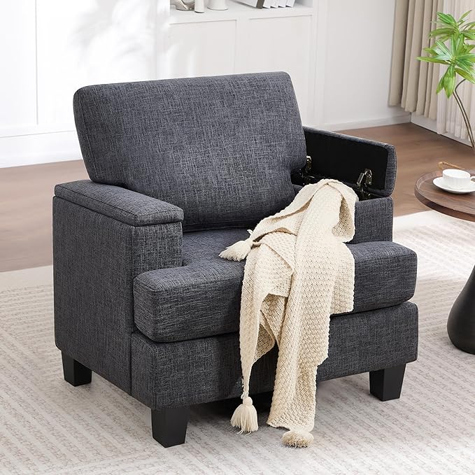 Accent Chairs Set of 2 with Armrest Storage, Modern Upholstered Reading Living Room Chairs, Comfy Large Armchairs, Fabric Single Sofa Chair for Bedroom (Dark Grey)