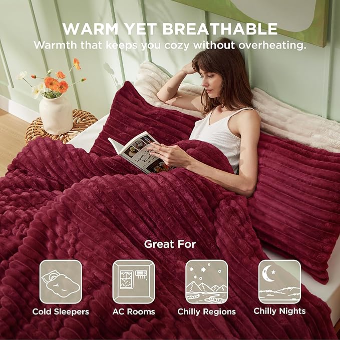 Bedsure Comforter Set Queen Size - GentleSoft™ 3 Pieces Double-Side Fleece Fluffy Dark Red Comforter Set, Cozy Striped Room Decor Aesthetic, Luxury Bedding Queen Size, 2 Pillowcases, 90x90 Inches